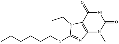 7-ethyl-8-(hexylthio)-3-methyl-3,7-dihydro-1H-purine-2,6-dione Struktur