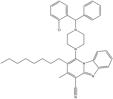 1-(4-((2-chlorophenyl)(phenyl)methyl)piperazin-1-yl)-3-methyl-2-octylbenzo[4,5]imidazo[1,2-a]pyridine-4-carbonitrile Struktur