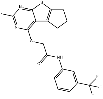 2-((2-methyl-6,7-dihydro-5H-cyclopenta[4,5]thieno[2,3-d]pyrimidin-4-yl)thio)-N-(3-(trifluoromethyl)phenyl)acetamide Struktur