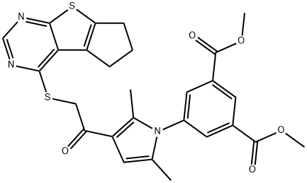 dimethyl 5-(3-(2-((6,7-dihydro-5H-cyclopenta[4,5]thieno[2,3-d]pyrimidin-4-yl)thio)acetyl)-2,5-dimethyl-1H-pyrrol-1-yl)isophthalate Struktur