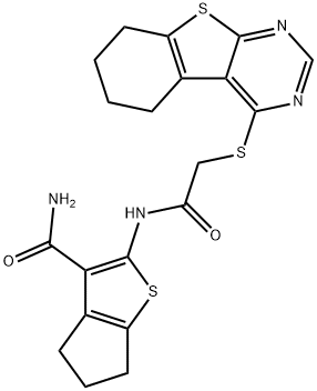 2-(2-((5,6,7,8-tetrahydrobenzo[4,5]thieno[2,3-d]pyrimidin-4-yl)thio)acetamido)-5,6-dihydro-4H-cyclopenta[b]thiophene-3-carboxamide Structure