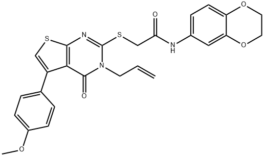 2-((3-allyl-5-(4-methoxyphenyl)-4-oxo-3,4-dihydrothieno[2,3-d]pyrimidin-2-yl)thio)-N-(2,3-dihydrobenzo[b][1,4]dioxin-6-yl)acetamide Struktur