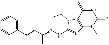 7-ethyl-3-methyl-8-(2-((2E,3E)-4-phenylbut-3-en-2-ylidene)hydrazinyl)-3,7-dihydro-1H-purine-2,6-dione Struktur