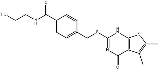 4-(((5,6-dimethyl-4-oxo-3,4-dihydrothieno[2,3-d]pyrimidin-2-yl)thio)methyl)-N-(2-hydroxyethyl)benzamide Struktur