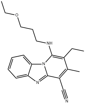 1-((3-ethoxypropyl)amino)-2-ethyl-3-methylbenzo[4,5]imidazo[1,2-a]pyridine-4-carbonitrile Struktur
