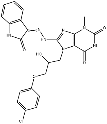 (E)-7-(3-(4-chlorophenoxy)-2-hydroxypropyl)-3-methyl-8-(2-(2-oxoindolin-3-ylidene)hydrazinyl)-3,7-dihydro-1H-purine-2,6-dione Struktur