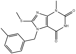 3-methyl-7-(3-methylbenzyl)-8-(methylthio)-3,7-dihydro-1H-purine-2,6-dione Struktur