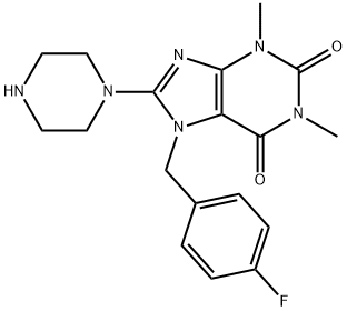7-(4-fluorobenzyl)-1,3-dimethyl-8-(piperazin-1-yl)-3,7-dihydro-1H-purine-2,6-dione Struktur