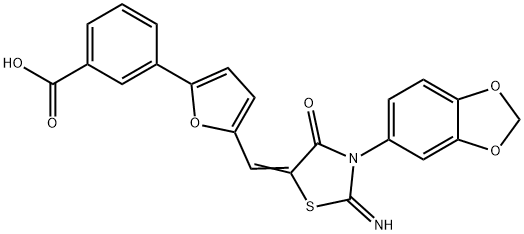 (Z)-3-(5-((3-(benzo[d][1,3]dioxol-5-yl)-2-imino-4-oxothiazolidin-5-ylidene)methyl)furan-2-yl)benzoic acid Structure
