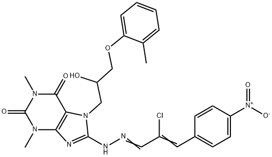 8-(2-((1E,2Z)-2-chloro-3-(4-nitrophenyl)allylidene)hydrazinyl)-7-(2-hydroxy-3-(o-tolyloxy)propyl)-1,3-dimethyl-3,7-dihydro-1H-purine-2,6-dione Structure