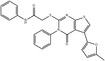 2-((5-(5-methylfuran-2-yl)-4-oxo-3-phenyl-3,4-dihydrothieno[2,3-d]pyrimidin-2-yl)thio)-N-phenylacetamide Struktur