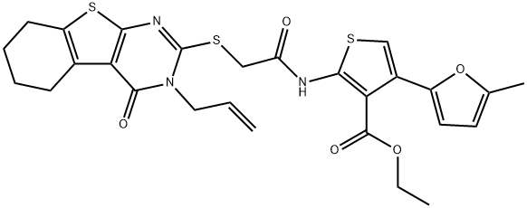 ethyl 2-(2-((3-allyl-4-oxo-3,4,5,6,7,8-hexahydrobenzo[4,5]thieno[2,3-d]pyrimidin-2-yl)thio)acetamido)-4-(5-methylfuran-2-yl)thiophene-3-carboxylate Structure