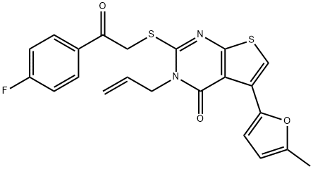 3-allyl-2-((2-(4-fluorophenyl)-2-oxoethyl)thio)-5-(5-methylfuran-2-yl)thieno[2,3-d]pyrimidin-4(3H)-one Struktur