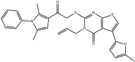 3-allyl-2-((2-(2,5-dimethyl-1-phenyl-1H-pyrrol-3-yl)-2-oxoethyl)thio)-5-(5-methylfuran-2-yl)thieno[2,3-d]pyrimidin-4(3H)-one Structure