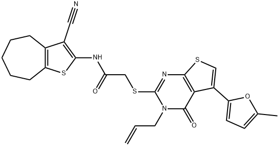 2-((3-allyl-5-(5-methylfuran-2-yl)-4-oxo-3,4-dihydrothieno[2,3-d]pyrimidin-2-yl)thio)-N-(3-cyano-5,6,7,8-tetrahydro-4H-cyclohepta[b]thiophen-2-yl)acetamide Struktur