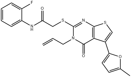 2-((3-allyl-5-(5-methylfuran-2-yl)-4-oxo-3,4-dihydrothieno[2,3-d]pyrimidin-2-yl)thio)-N-(2-fluorophenyl)acetamide Struktur