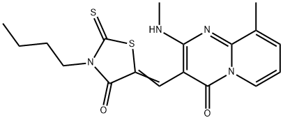 (Z)-3-butyl-5-((9-methyl-2-(methylamino)-4-oxo-4H-pyrido[1,2-a]pyrimidin-3-yl)methylene)-2-thioxothiazolidin-4-one,385419-69-2,结构式