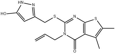 3-allyl-2-(((5-hydroxy-1H-pyrazol-3-yl)methyl)thio)-5,6-dimethylthieno[2,3-d]pyrimidin-4(3H)-one,385786-60-7,结构式