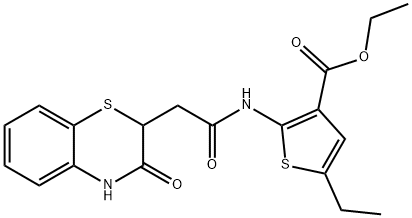 ethyl 5-ethyl-2-(2-(3-oxo-3,4-dihydro-2H-benzo[b][1,4]thiazin-2-yl)acetamido)thiophene-3-carboxylate Struktur