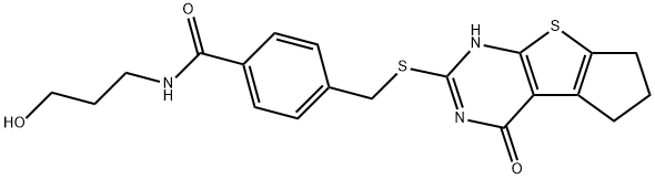 N-(3-hydroxypropyl)-4-(((4-oxo-3,5,6,7-tetrahydro-4H-cyclopenta[4,5]thieno[2,3-d]pyrimidin-2-yl)thio)methyl)benzamide Struktur