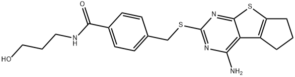 4-(((4-amino-6,7-dihydro-5H-cyclopenta[4,5]thieno[2,3-d]pyrimidin-2-yl)thio)methyl)-N-(3-hydroxypropyl)benzamide,433702-66-0,结构式