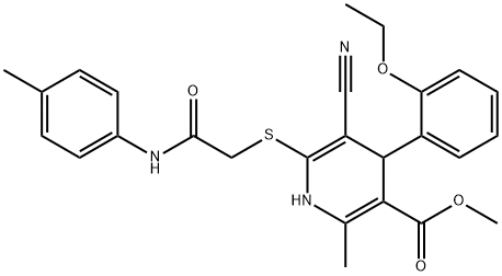 methyl 5-cyano-4-(2-ethoxyphenyl)-2-methyl-6-((2-oxo-2-(p-tolylamino)ethyl)thio)-1,4-dihydropyridine-3-carboxylate Struktur