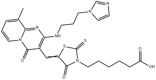 (Z)-6-(5-((2-((3-(1H-imidazol-1-yl)propyl)amino)-9-methyl-4-oxo-4H-pyrido[1,2-a]pyrimidin-3-yl)methylene)-4-oxo-2-thioxothiazolidin-3-yl)hexanoic acid Struktur