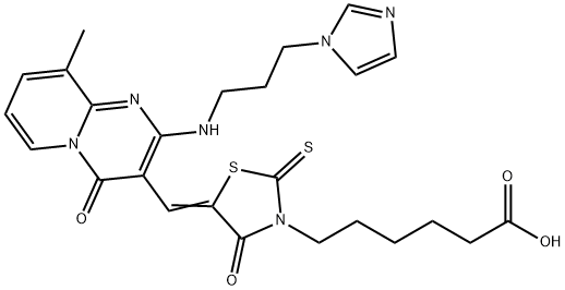 (Z)-6-(5-((2-((3-(1H-imidazol-1-yl)propyl)amino)-9-methyl-4-oxo-4H-pyrido[1,2-a]pyrimidin-3-yl)methylene)-4-oxo-2-thioxothiazolidin-3-yl)hexanoic acid Structure