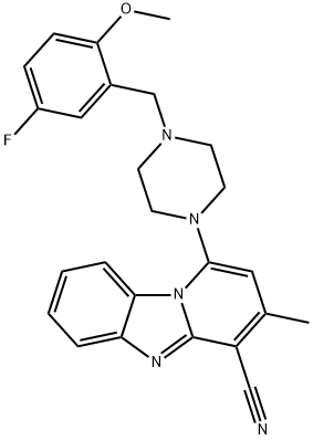 1-(4-(5-fluoro-2-methoxybenzyl)piperazin-1-yl)-3-methylbenzo[4,5]imidazo[1,2-a]pyridine-4-carbonitrile Struktur