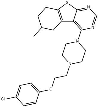 4-(4-(2-(4-chlorophenoxy)ethyl)piperazin-1-yl)-6-methyl-5,6,7,8-tetrahydrobenzo[4,5]thieno[2,3-d]pyrimidine,442572-75-0,结构式
