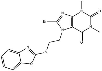 7-(2-(benzo[d]oxazol-2-ylthio)ethyl)-8-bromo-1,3-dimethyl-3,7-dihydro-1H-purine-2,6-dione Structure