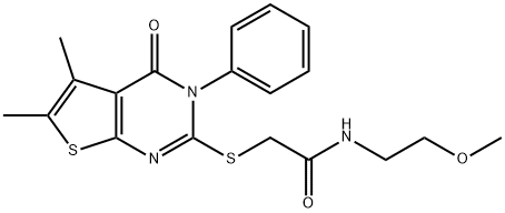 2-((5,6-dimethyl-4-oxo-3-phenyl-3,4-dihydrothieno[2,3-d]pyrimidin-2-yl)thio)-N-(2-methoxyethyl)acetamide 结构式