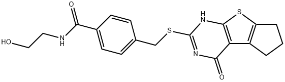 N-(2-hydroxyethyl)-4-(((4-oxo-3,5,6,7-tetrahydro-4H-cyclopenta[4,5]thieno[2,3-d]pyrimidin-2-yl)thio)methyl)benzamide Struktur