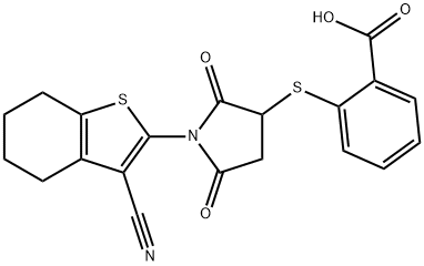 2-((1-(3-cyano-4,5,6,7-tetrahydrobenzo[b]thiophen-2-yl)-2,5-dioxopyrrolidin-3-yl)thio)benzoic acid Struktur