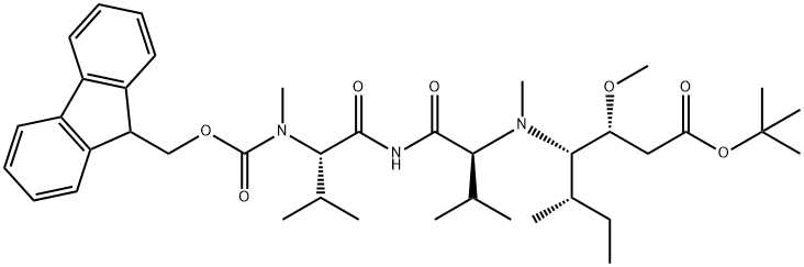 tert-butyl (5S,8S,11S,12R)-11-((S)-sec-butyl)-1-(9H-fluoren-9-yl)-5,8-diisopropyl-12-methoxy-4,10-dimethyl-3,6,9-trioxo-2-oxa-4,7,10-triazatetradecan-14-oate Struktur