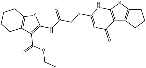 ethyl 2-(2-((4-oxo-3,5,6,7-tetrahydro-4H-cyclopenta[4,5]thieno[2,3-d]pyrimidin-2-yl)thio)acetamido)-4,5,6,7-tetrahydrobenzo[b]thiophene-3-carboxylate Struktur