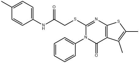 2-((5,6-dimethyl-4-oxo-3-phenyl-3,4-dihydrothieno[2,3-d]pyrimidin-2-yl)thio)-N-(p-tolyl)acetamide 结构式