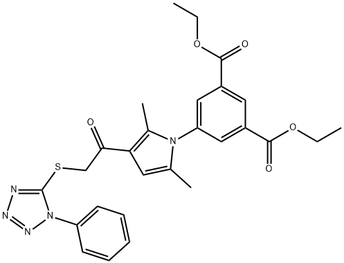 diethyl 5-(2,5-dimethyl-3-(2-((1-phenyl-1H-tetrazol-5-yl)thio)acetyl)-1H-pyrrol-1-yl)isophthalate Structure