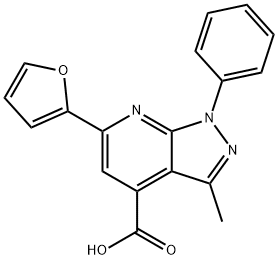6-(2-furyl)-3-methyl-1-phenyl-1H-pyrazolo[3,4-b]pyridine-4-carboxylic acid Struktur