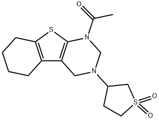1-(3-(1,1-dioxidotetrahydrothiophen-3-yl)-3,4,5,6,7,8-hexahydrobenzo[4,5]thieno[2,3-d]pyrimidin-1(2H)-yl)ethan-1-one Struktur