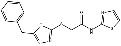 2-((5-benzyl-1,3,4-oxadiazol-2-yl)thio)-N-(thiazol-2-yl)acetamide Structure