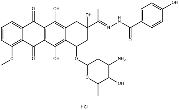 N-[1-[4-(4-amino-5-hydroxy-6-methyl-oxan-2-yl)oxy-2,5,12-trihydroxy-7-methoxy-6,11-dioxo-3,4-dihydro-1H-tetracen-2-yl]ethylideneamino]-4-hydroxy-benzamide Struktur