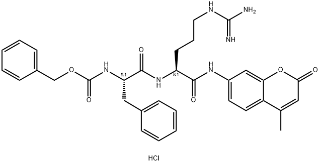 benzyl N-[(2S)-1-[[(2S)-5-(diaminomethylideneamino)-1-[(4-methyl-2-oxochromen-7-yl)amino]-1-oxopentan-2-yl]amino]-1-oxo-3-phenylpropan-2-yl]carbamate:hydrochloride Structure