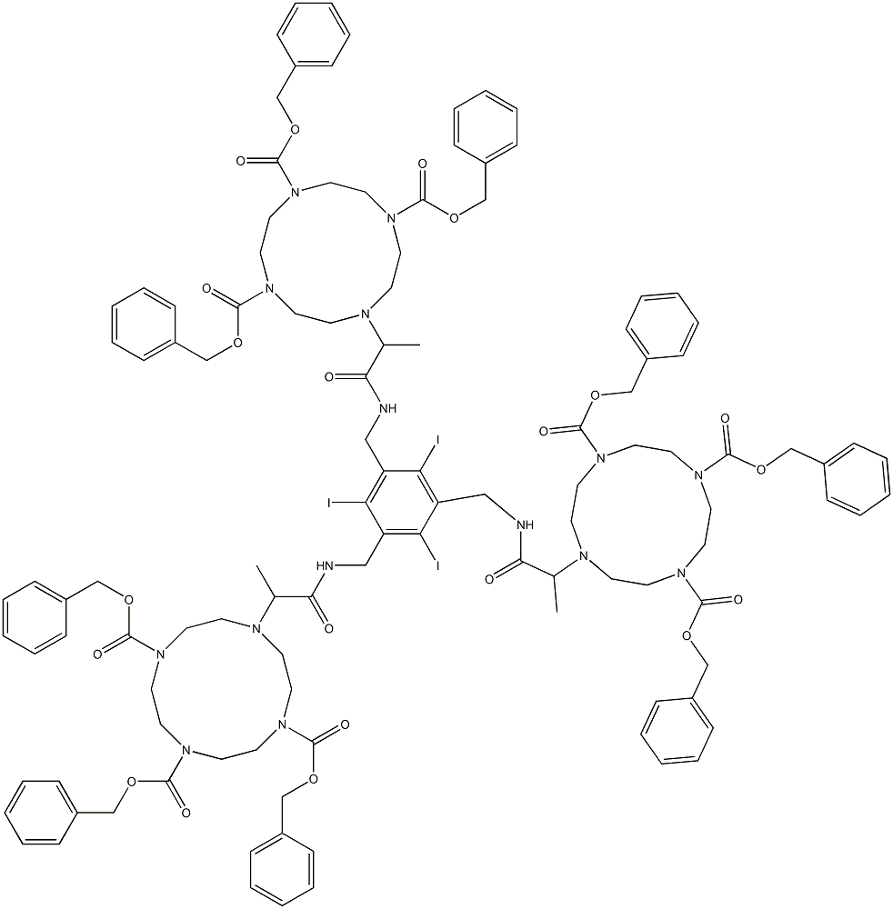 1,4,7,10-Tetraazacyclododecane-1,4,7-tricarboxylic acid, 10,10',10''-[(2,4,6-triiodo-1,3,5-benzenetriyl)tris[methyleneimino(1-methyl-2-oxo-2,1-ethanediyl)]]tris-,nonakis(phenylmethyl) ester (9CI) 结构式