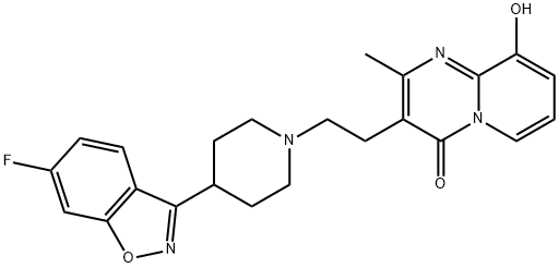 3-[2-[4-(6-fluoro-1,2-benzoxazol-3-yl)piperidin-1-yl]ethyl]-9-hydroxy-2-methylpyrido[1,2-a]pyrimidin-4-one 化学構造式