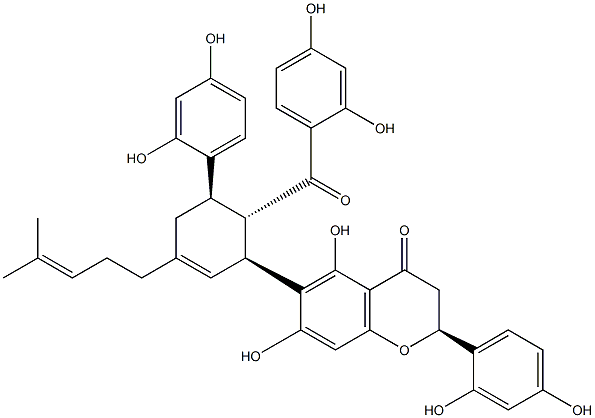 (2S)-6-[(1S,5R,6S)-6-(2,4-dihydroxybenzoyl)-5-(2,4-dihydroxyphenyl)-3-(4-methylpent-3-enyl)cyclohex-2-en-1-yl]-2-(2,4-dihydroxyphenyl)-5,7-dihydroxy-2,3-dihydrochromen-4-one Structure