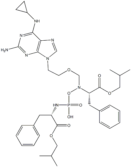 2-methylpropyl (2S)-2-{[({2-[2-amino-6-(cyclopropylamino)-9H-purin-9-yl]ethoxy}methyl)({[(2S)-1-(2-methylpropoxy)-1-oxo-3-phenylpropan-2-yl]amino})phosphoryl]amino}-3-phenylpropanoate Structure
