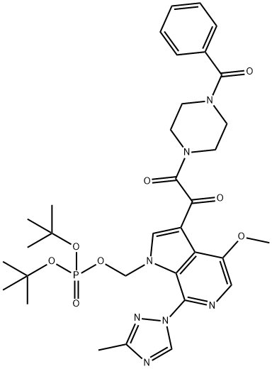 Phosphoric acid, [3-[(4-benzoyl-1-piperazinyl)oxoacetyl]-4-methoxy-7-(3-methyl-1H-1,2,4-triazol-1-yl)-1H-pyrrolo[2,3-c]pyridin-1-yl]methyl bis(1,1-dimethylethyl) ester (9CI),864953-38-8,结构式