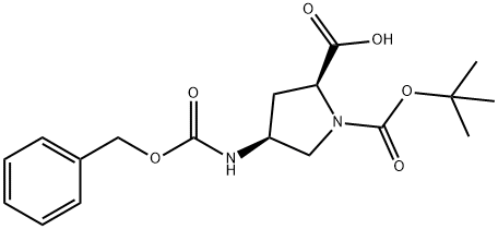 (4S)-4-(ベンジルオキシカルボニルアミノ)-1-(tert-ブチルオキシカルボニル)-L-プロリン 化学構造式