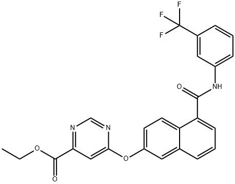 ethyl 6-((5-((3-(trifluoromethyl)phenyl)carbamoyl)naphthalen-2-yl)oxy)pyrimidine-4-carboxylate,890128-75-3,结构式